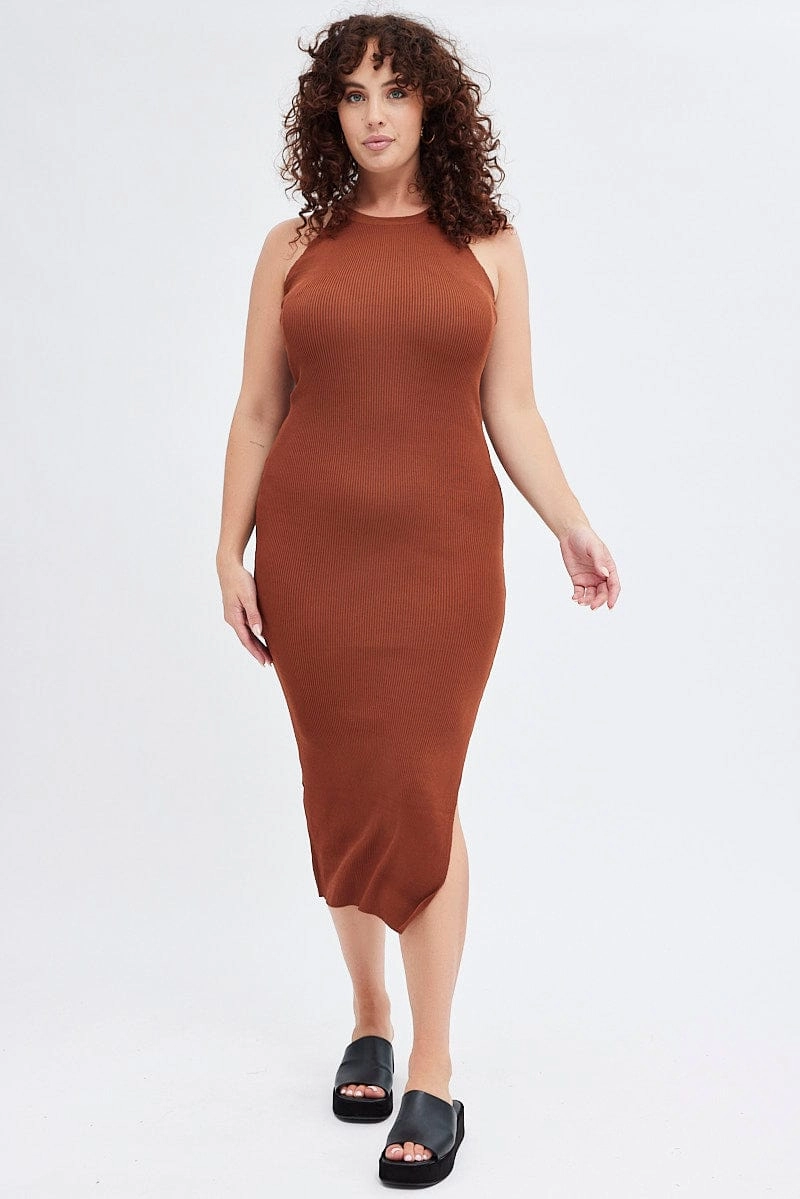 Cool Draping Brown Knit Dress High Neck Midi