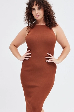 Brown Knit Dress High Neck Midi Vibrant Hue Seasonal Comfort