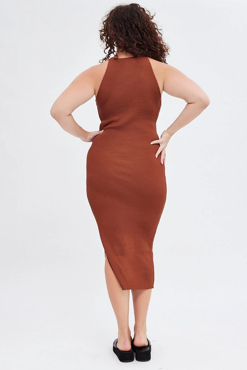 Light Shape Brown Knit Dress High Neck Midi