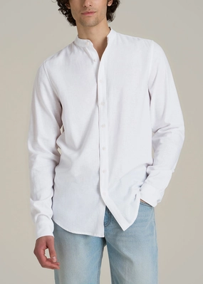 MeshLining Sweat Absorbent Inner Layer Band Collar Linen Button Shirt for Tall Men in Optic White