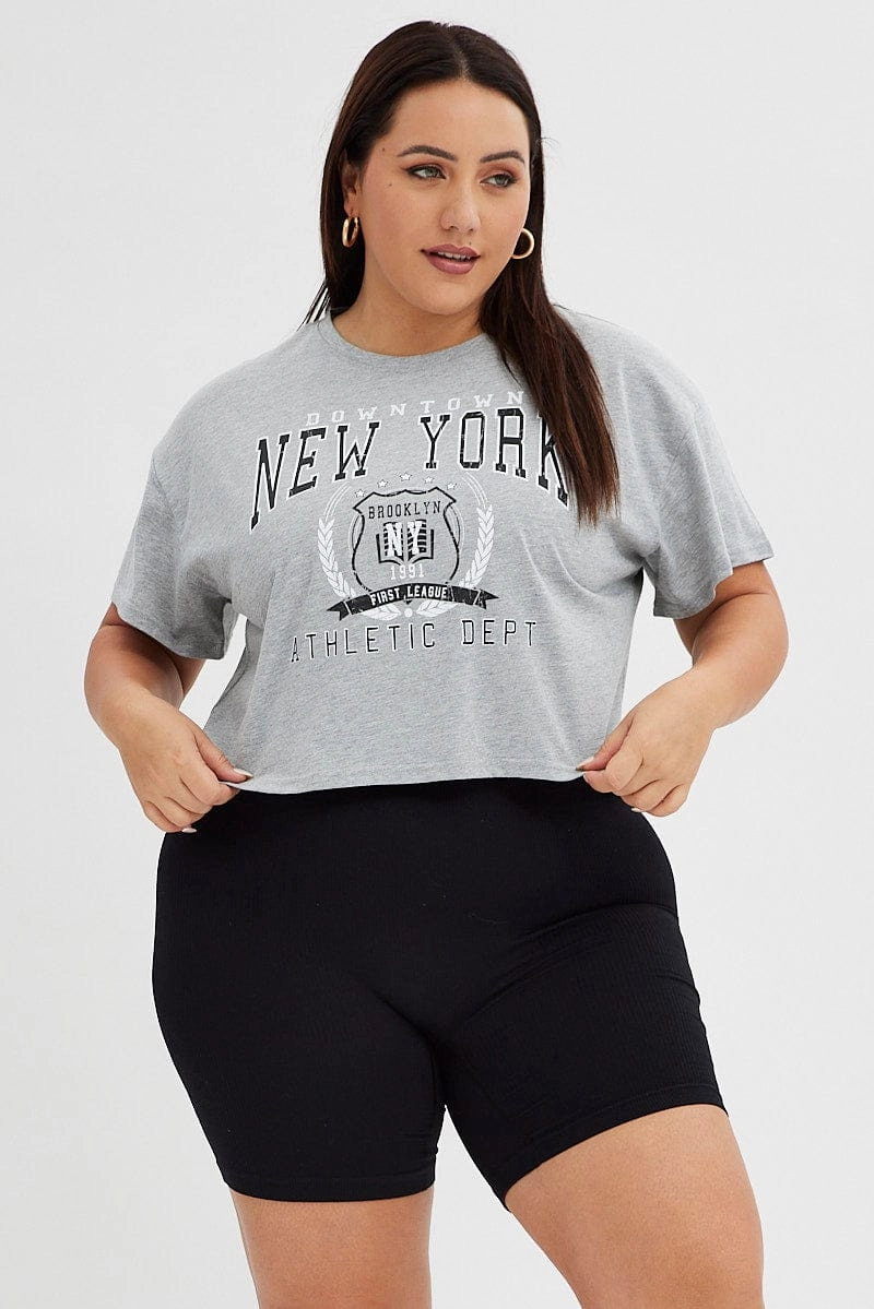 Grey Graphic T-shirt New York Print Crop Short Sleeve Sustainable production