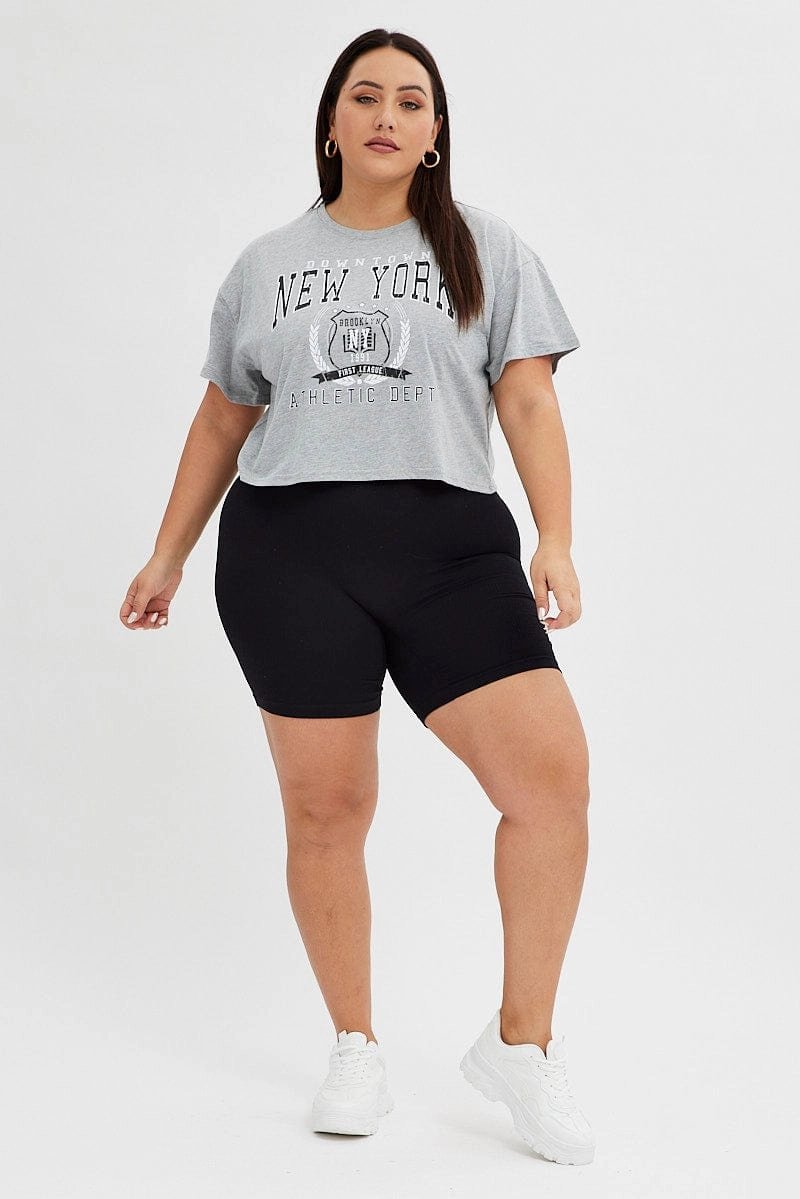 Soft Brushed Finish Grey Graphic T-shirt New York Print Crop Short Sleeve