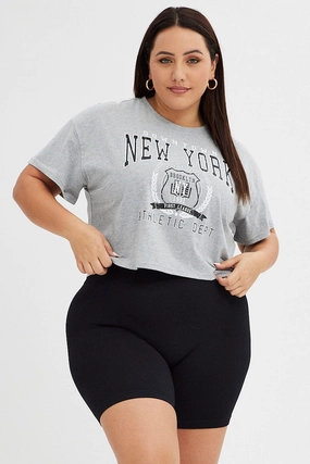 Grey Graphic T-shirt New York Print Crop Short Sleeve Sleek Performance Fit Sleek Waist