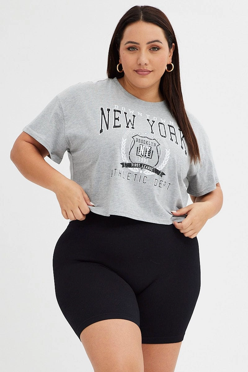 Grey Graphic T-shirt New York Print Crop Short Sleeve Sleek Performance Fit Sleek Waist