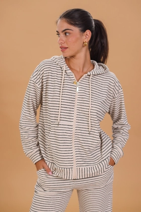 Hooded Cardigan Lorra Beige Stripes SoftshellTexture All Season Adaptability
