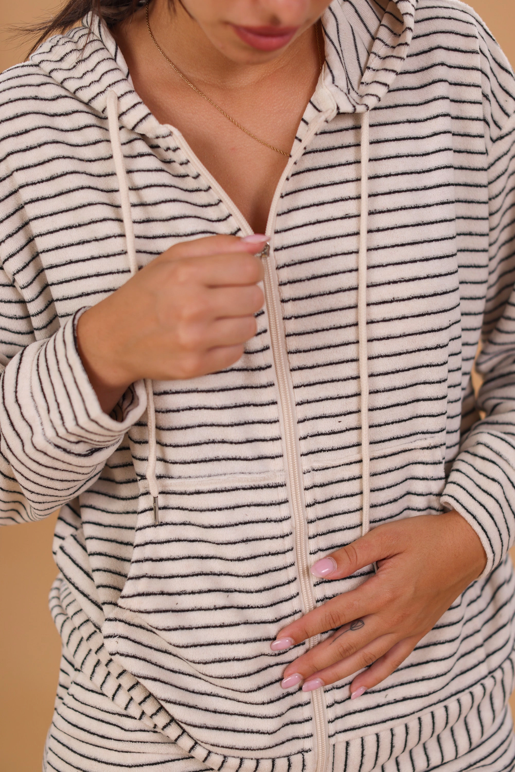 No Static Hooded Cardigan Lorra Beige Stripes