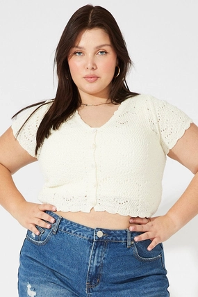 Temperature Regulating White Crochet Knit Cardigan Short Sleeve