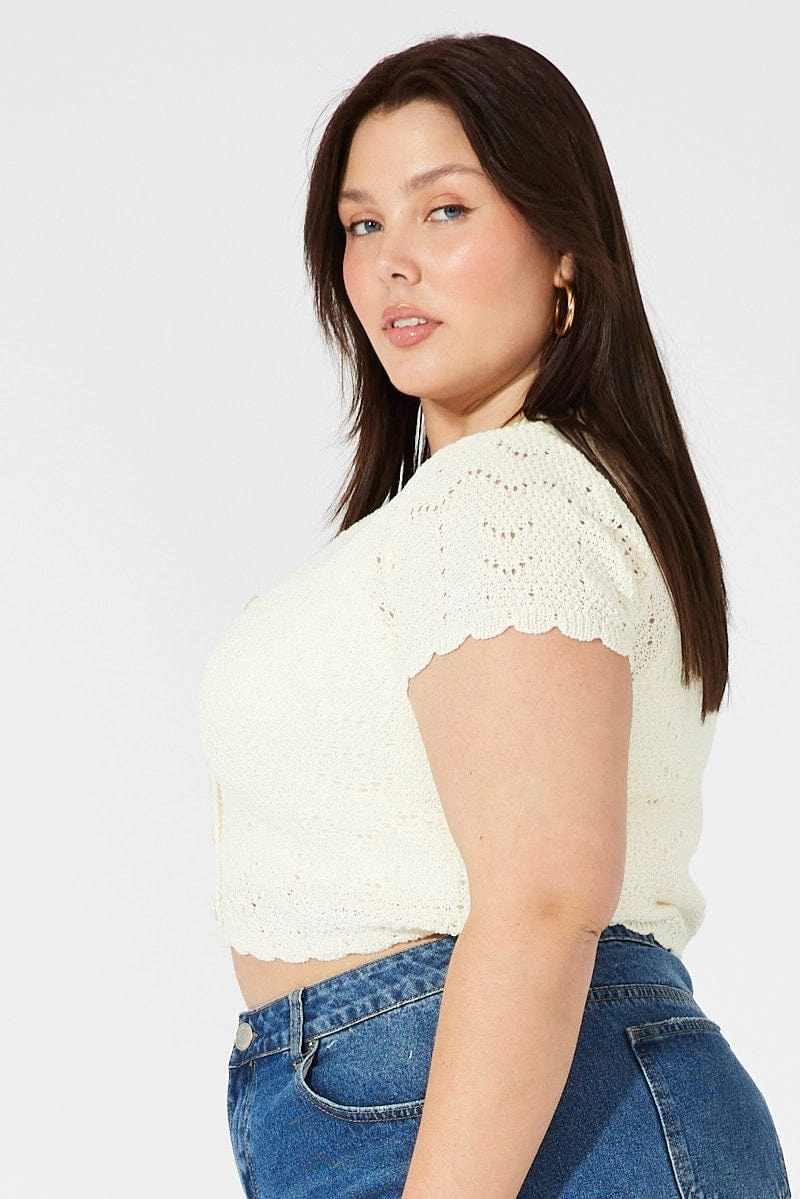 White Crochet Knit Cardigan Short Sleeve Flatlock stitching Multi Layer Design