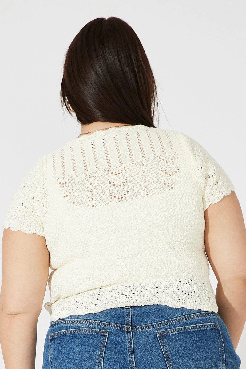 Anti Static Lining White Crochet Knit Cardigan Short Sleeve