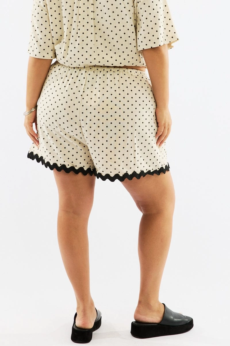 Beige Polka Dot Elastic Waist Linen Blend Ric Rac Trim Shorts khaki shorts Day Fit