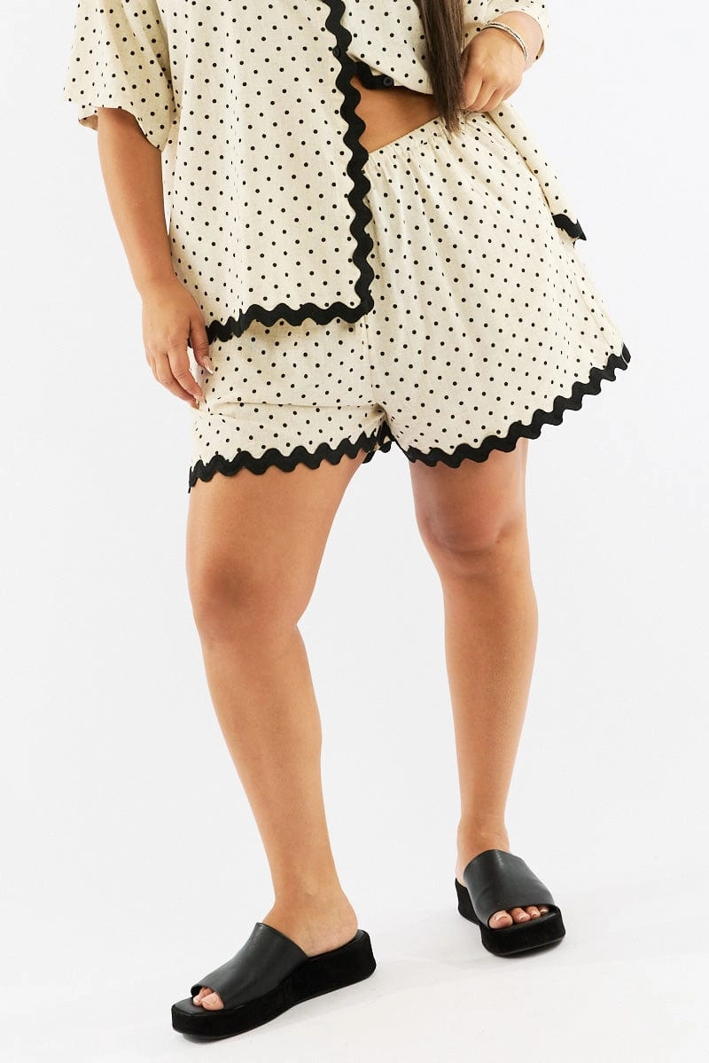 Beige Polka Dot Elastic Waist Linen Blend Ric Rac Trim Shorts Chill Vibes