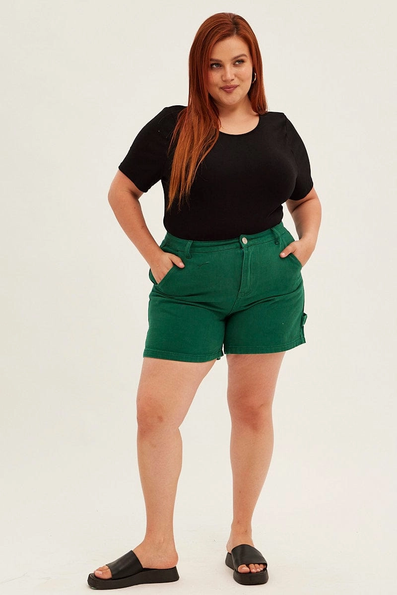 Green Carpenter Denim Shorts High Rise Freedom Fit ribbed texture