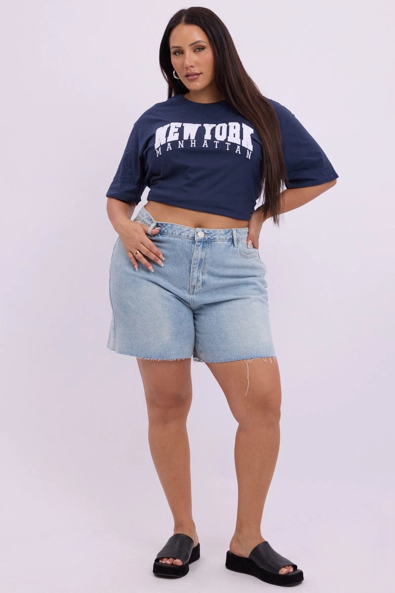 Non Restrictive Fit Denim Longline Shorts High Rise Relaxed Fit Raw Hem