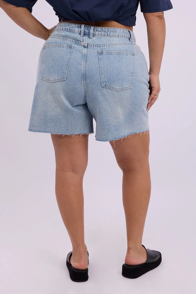 Denim Longline Shorts High Rise Relaxed Fit Raw Hem Chilly Weather