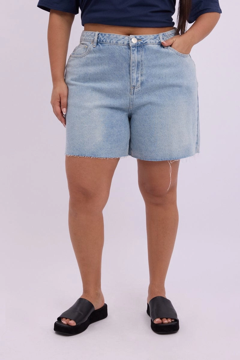 Lightweight Comfort Rough texture Denim Longline Shorts High Rise Relaxed Fit Raw Hem