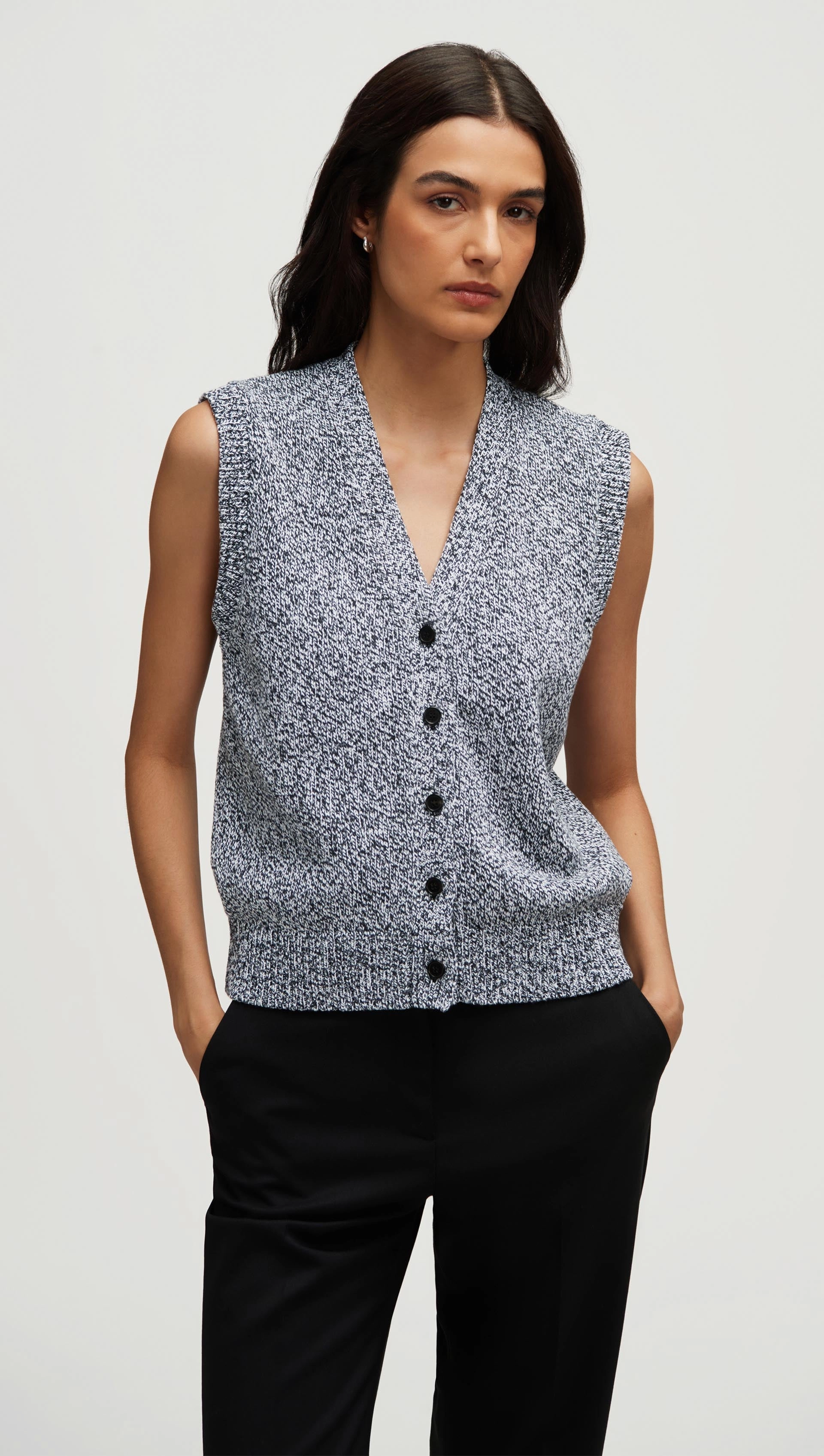 Knit Button Vest in Cotton | Black Multi AdjustableHemCuffs