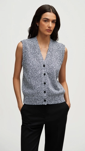 Knit Button Vest in Cotton | Black Multi Durable Hem Stitching