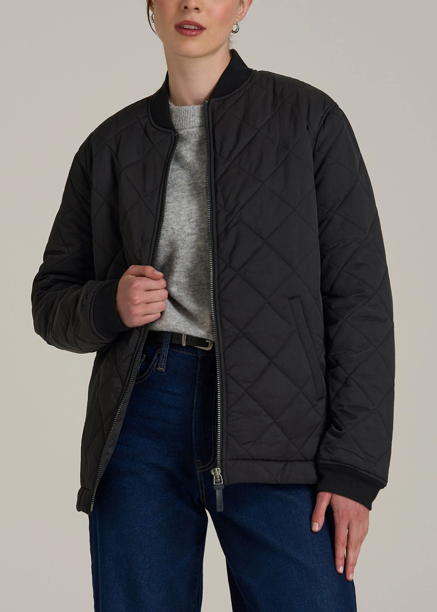 Quilted Jacket for Tall Women in Black Taped Seam Waterproofing Soft Texture