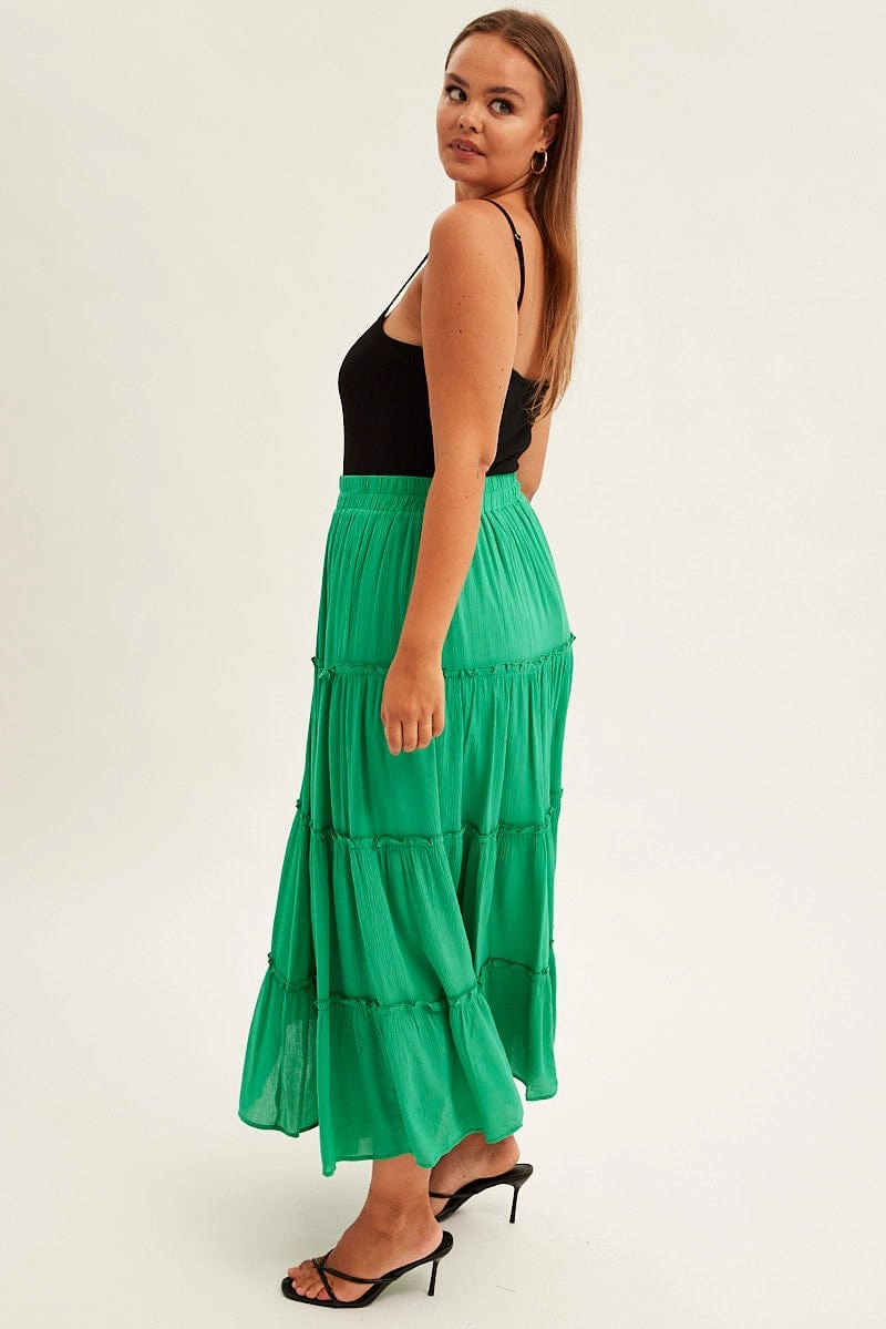 Green Tiered Maxi Skirt Non Irritating Texture