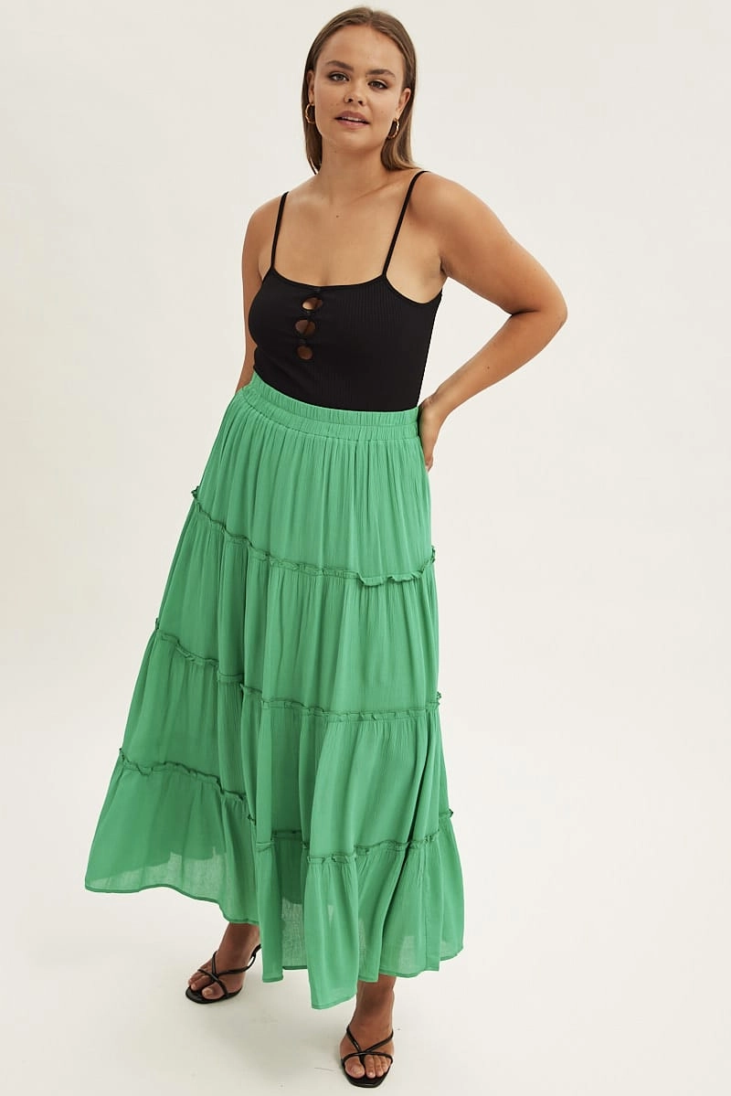 Green Tiered Maxi Skirt Laidback Style