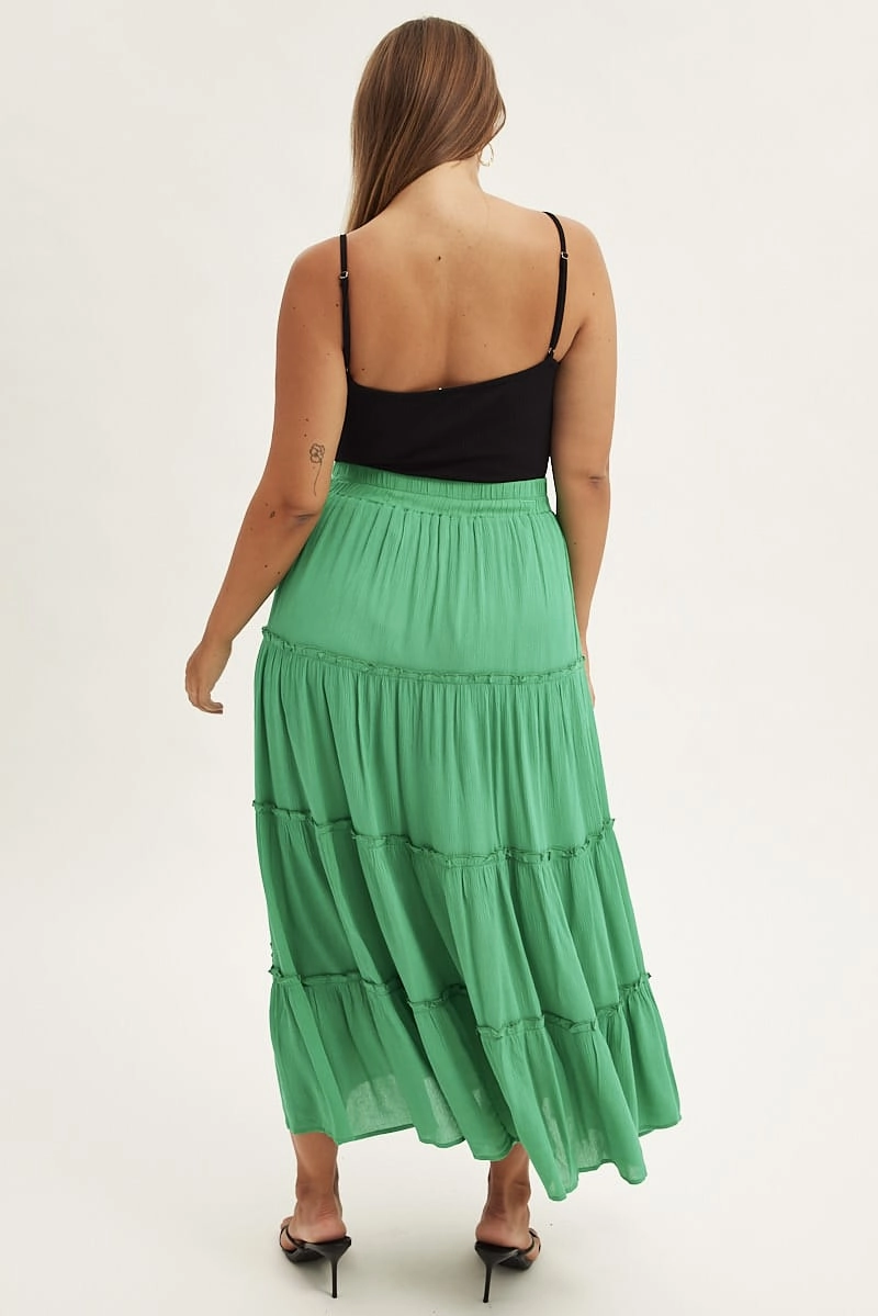 Side Pockets Everyday Look Green Tiered Maxi Skirt