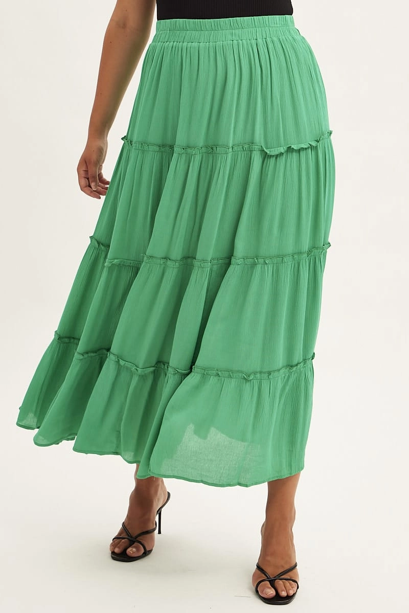 Gentle Flow Modest Wear Green Tiered Maxi Skirt