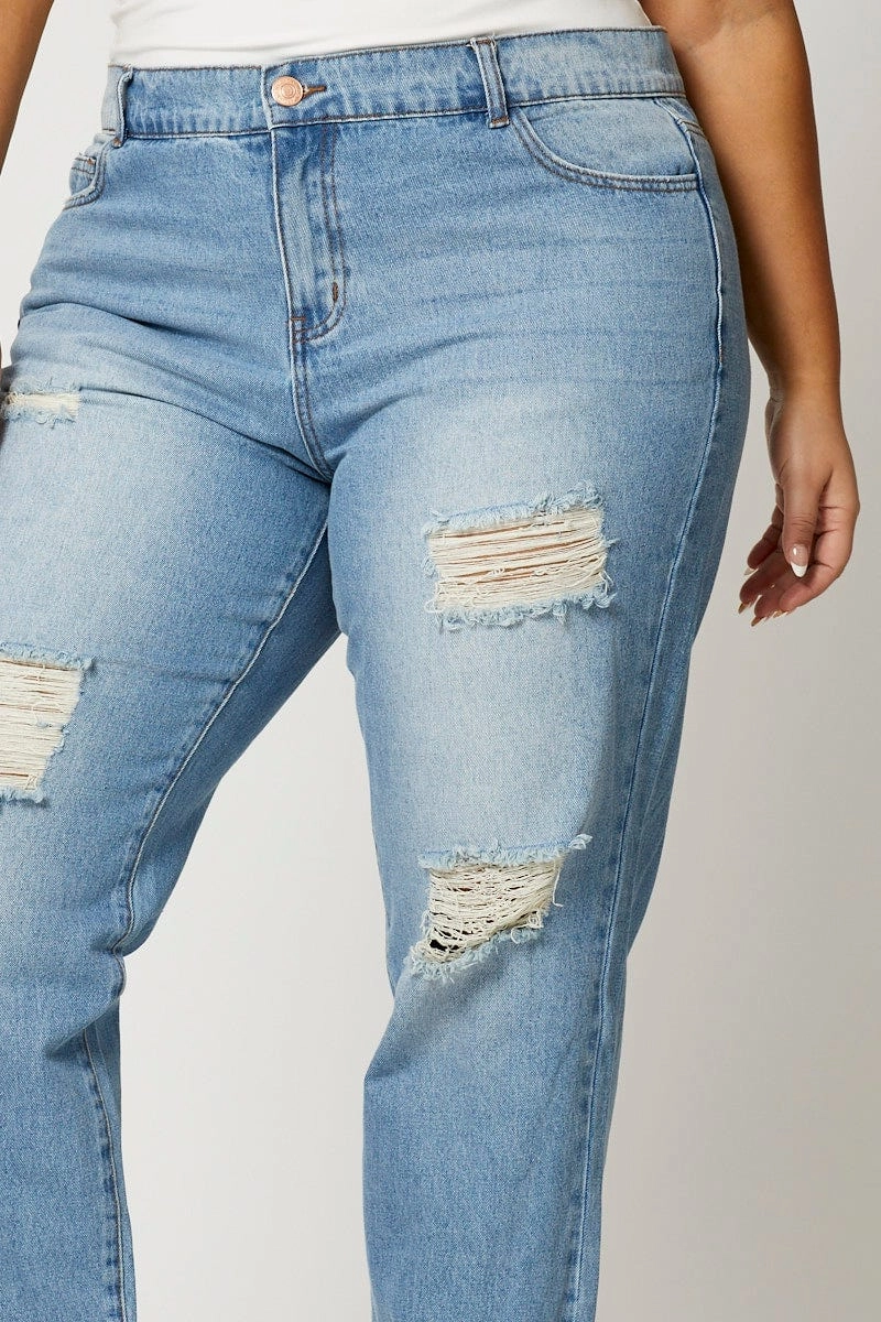 Blue Jean Mid Rise Distressed Boyfriend Holiday Vibes Stretch