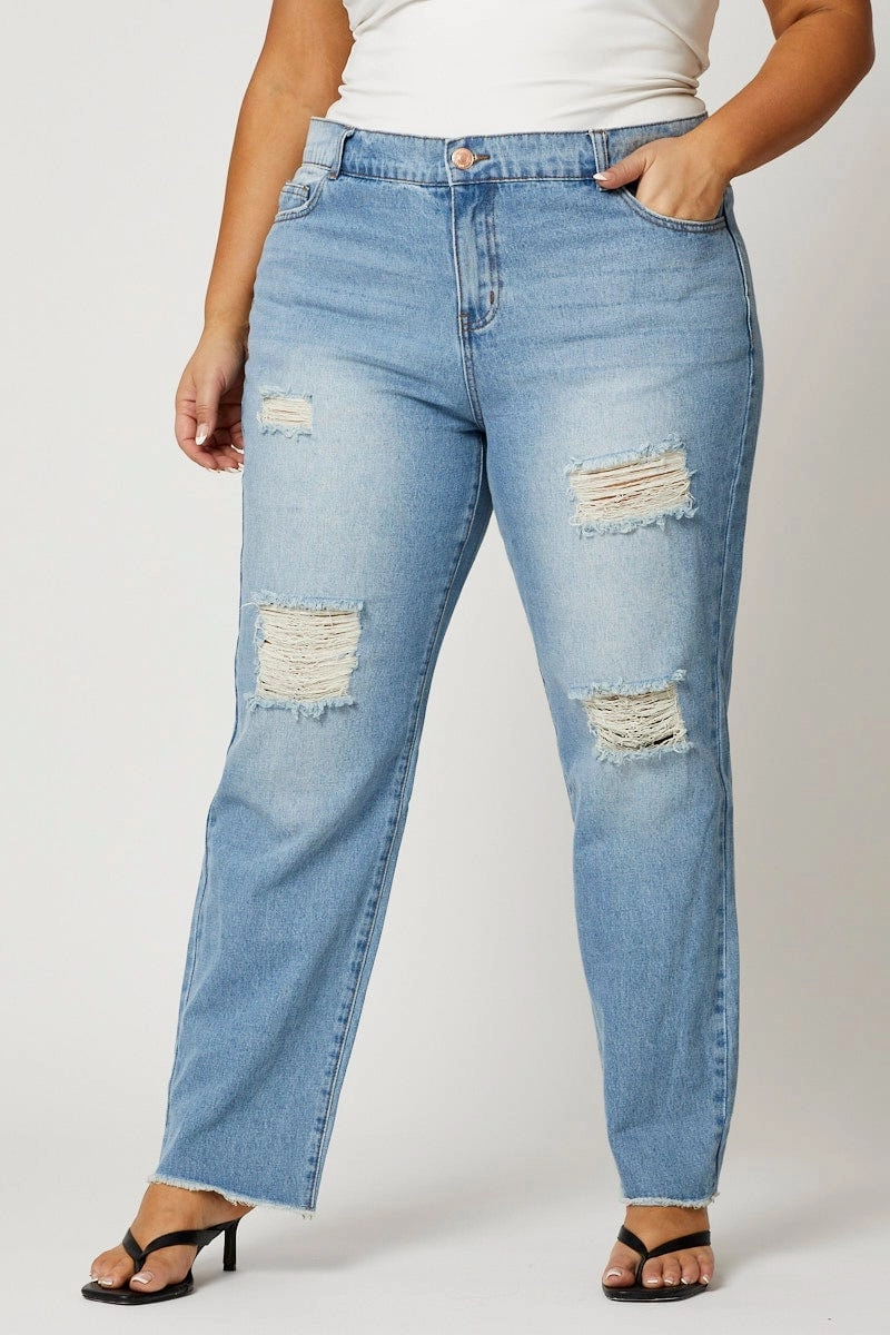 Youth Style Student Outfit Blue Jean Mid Rise Distressed Boyfriend