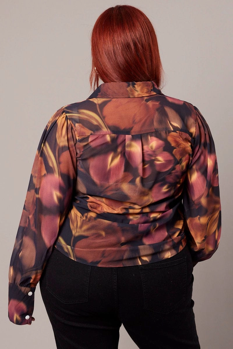 Workwear Option Black Floral Shirt Long Sleeve Chiffon