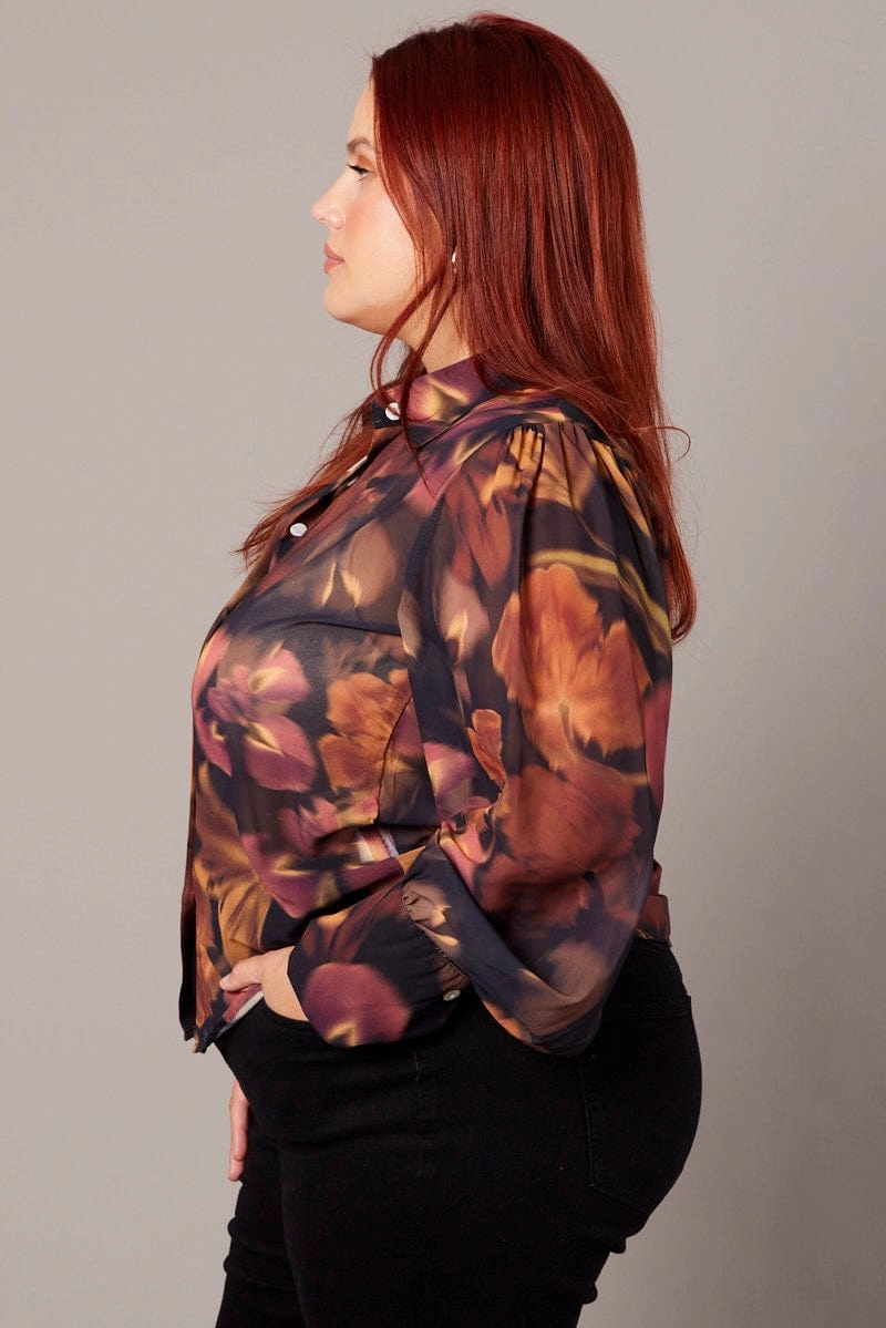 Smart Casual Black Floral Shirt Long Sleeve Chiffon