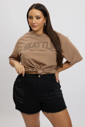 Brown Graphic Tee Short Sleeve Crew Neck Embroidered