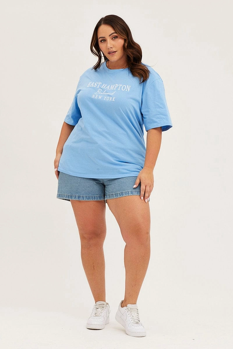 Effortless Comfort Eco Friendly Dye Blue Crew Neck Short Sleeve Oversized Graphic T-shirt