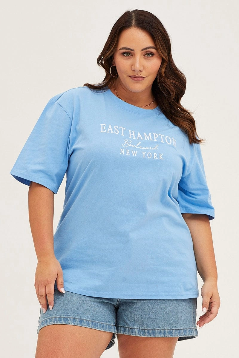 Blue Crew Neck Short Sleeve Oversized Graphic T-shirt Minimalist Apparel Holiday Casual