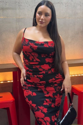 Red Abstract Cowl Shoestring Strap Stretch Dress Fitted Style Minimal Tone