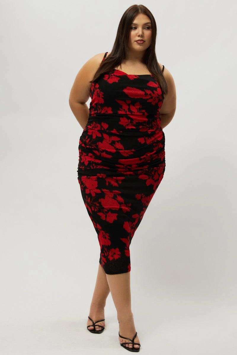 Anytime Wear Sheer Panel Red Abstract Cowl Shoestring Strap Stretch Dress