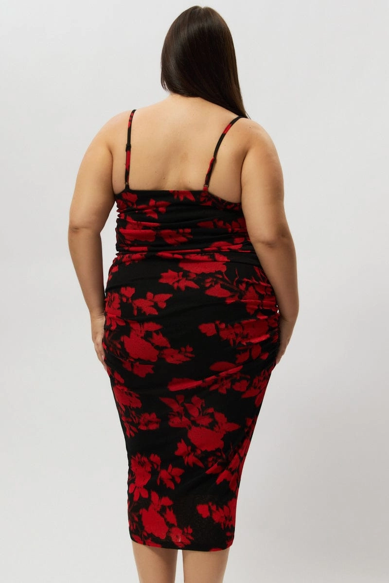 Red Abstract Cowl Shoestring Strap Stretch Dress Fresh Motion