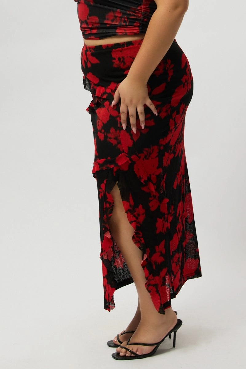 Red Abstract Stretch Frill Printed Maxi Skirt Faux Leather