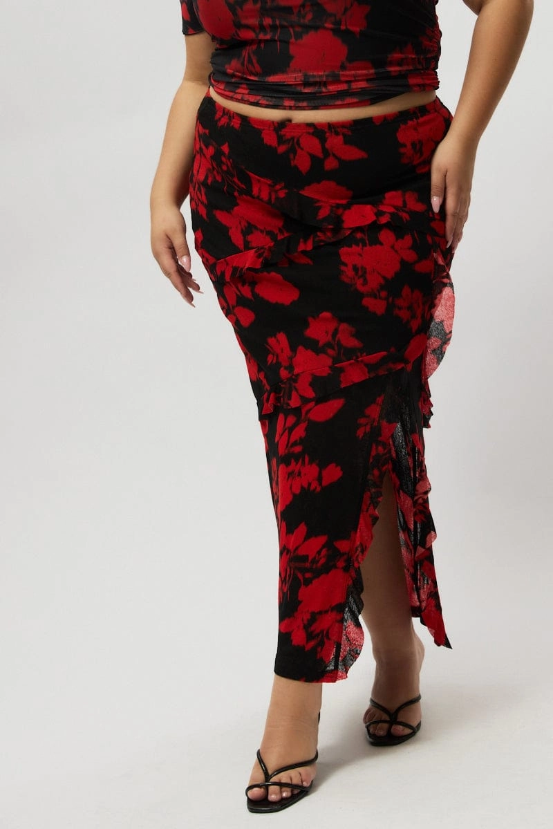Cruise Attire Print Mix Red Abstract Stretch Frill Printed Maxi Skirt