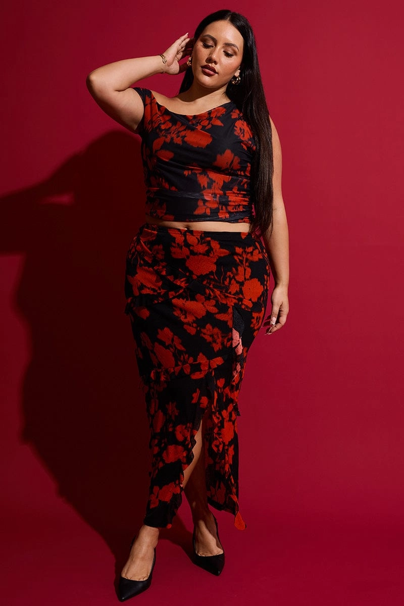 Occasion Dressing Red Abstract Stretch Frill Printed Maxi Skirt