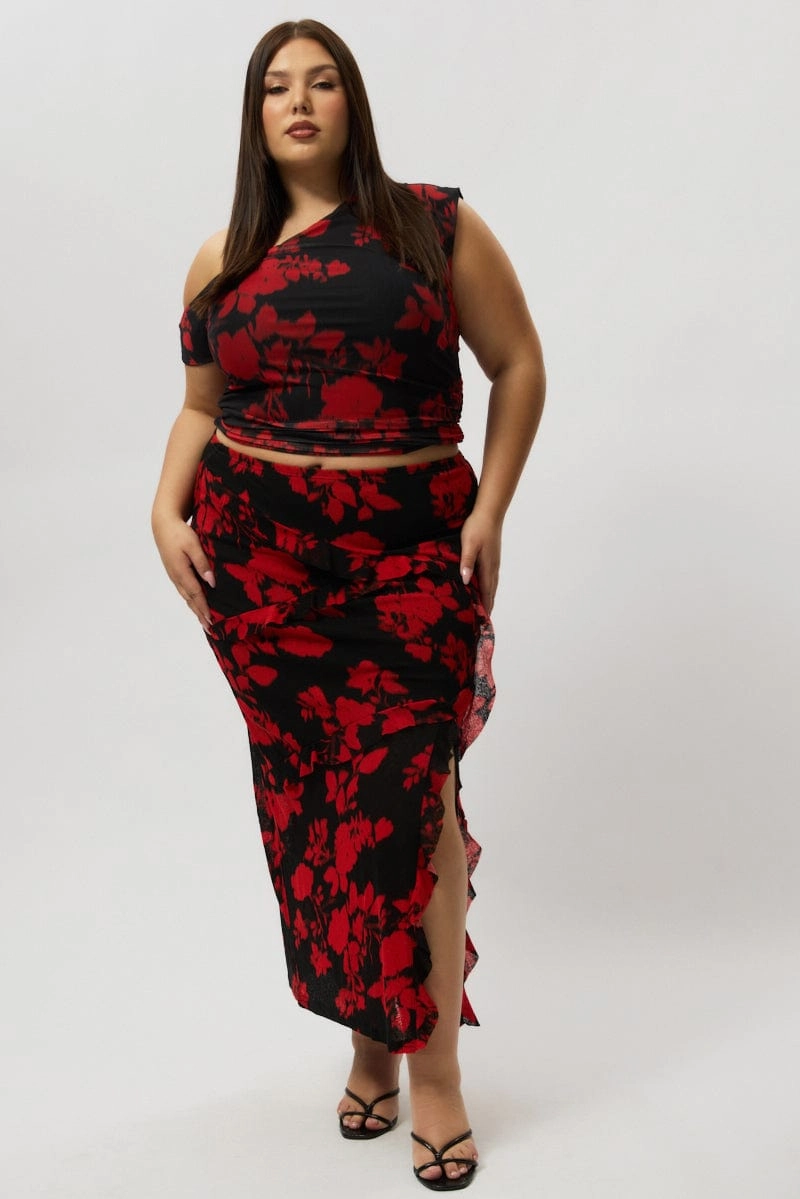 All Day Comfort Red Abstract Stretch Frill Printed Maxi Skirt