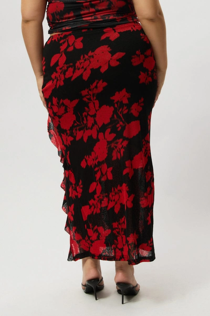 Red Abstract Stretch Frill Printed Maxi Skirt Red Carpet Look Leg Elongating