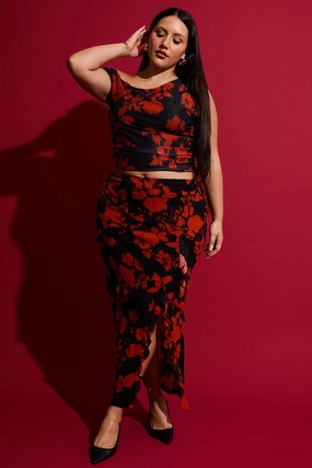 Occasion Dressing Red Abstract Stretch Frill Printed Maxi Skirt