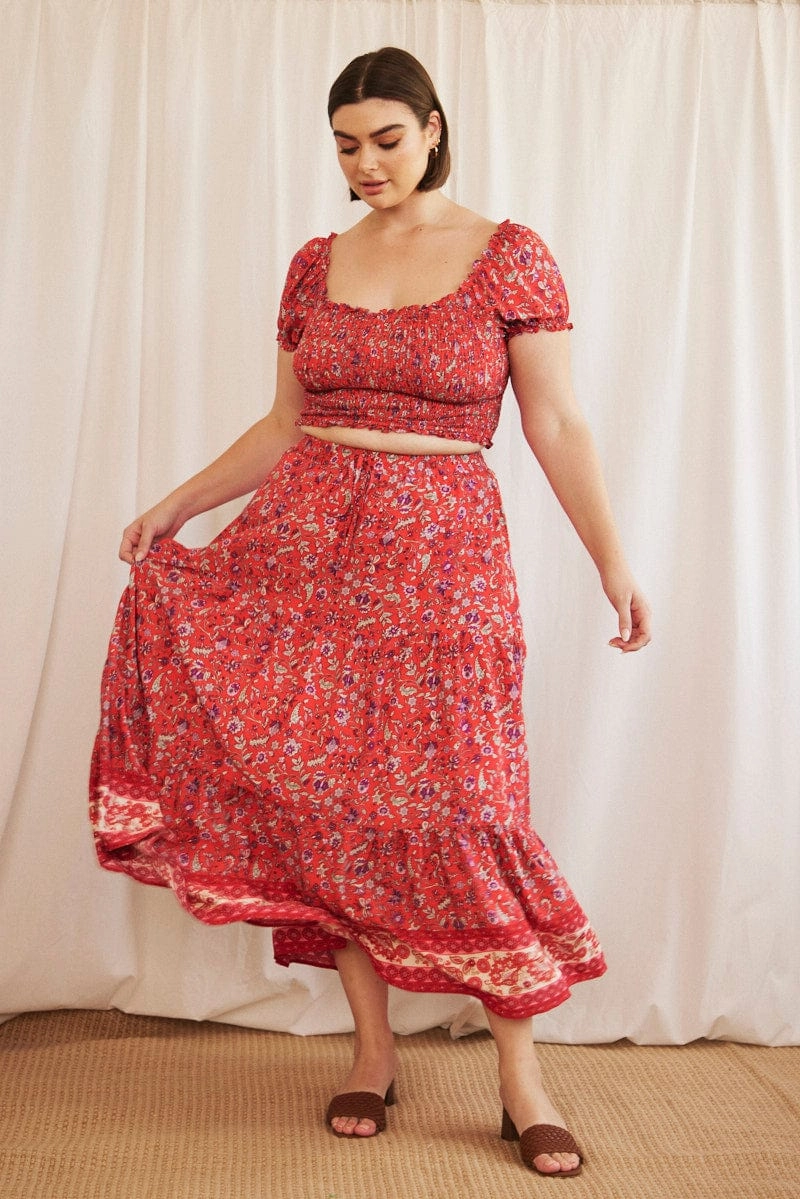Cotton Rich Outfit Focused Red Boho Maxi Skirt Tiered