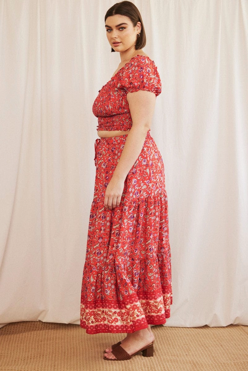 Red Boho Maxi Skirt Tiered Year Round Style Simple Motion