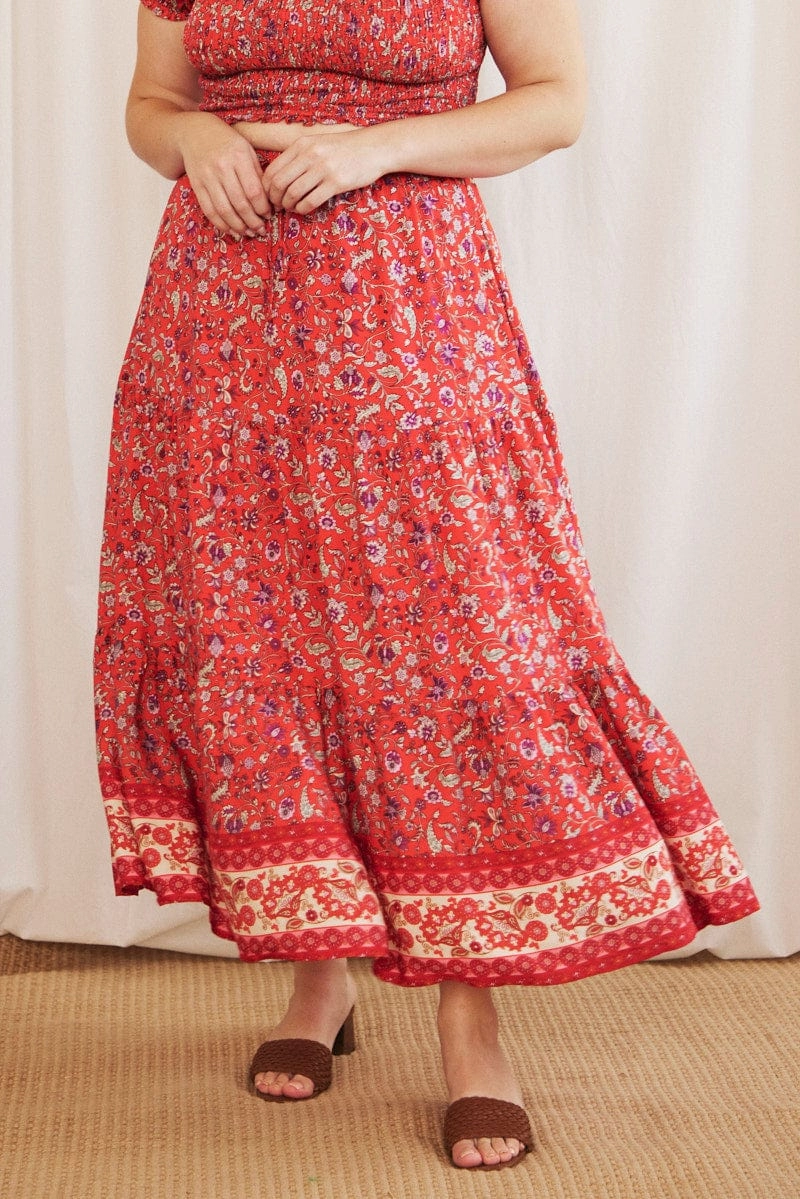 Signature Line Red Boho Maxi Skirt Tiered