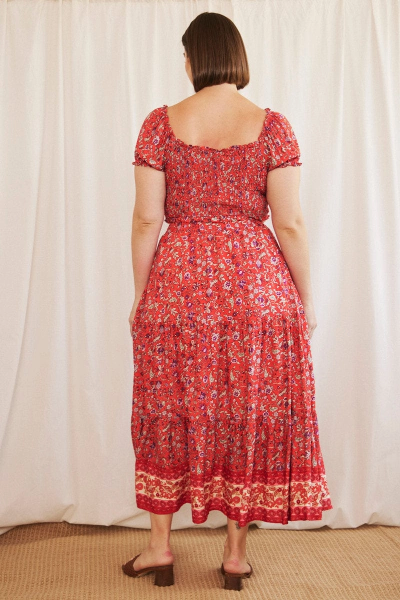 Red Boho Maxi Skirt Tiered Core Collection