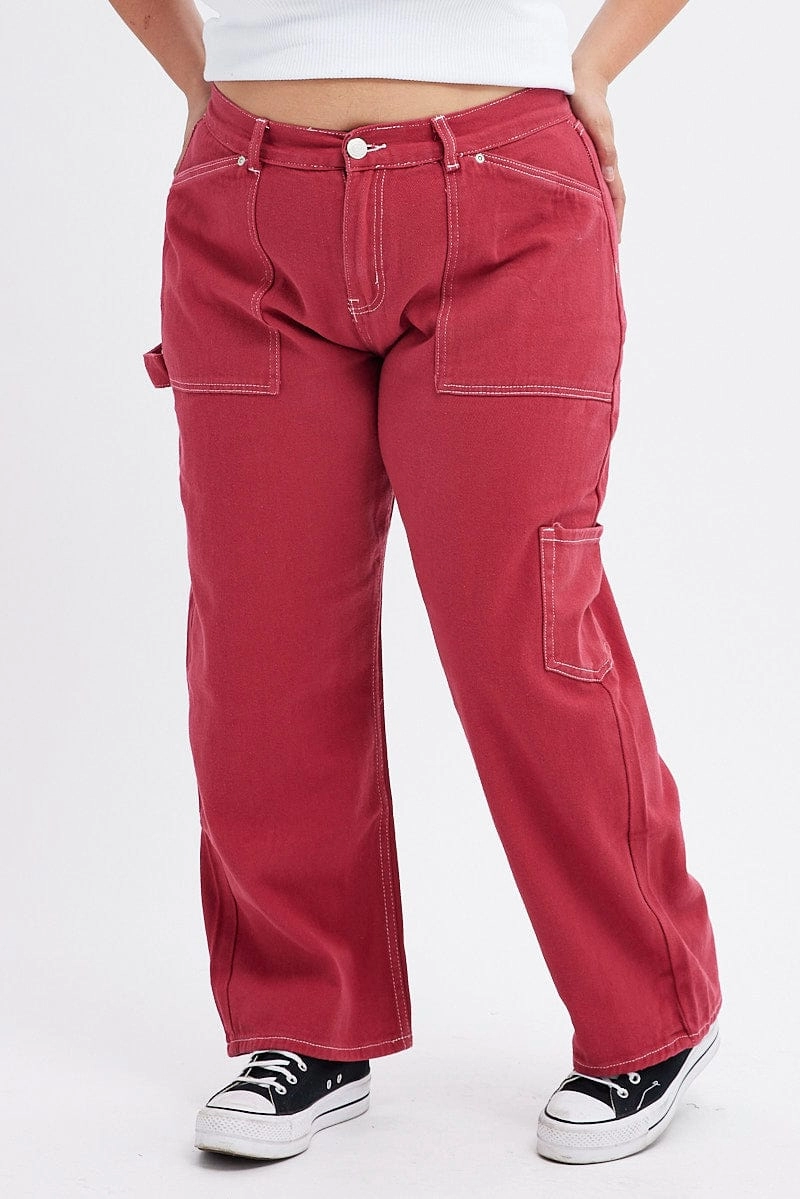 Winter Warmth Student Outfit Textured Beach Day Winter Warmth Classic Red Cargo Jeans Out Pocket