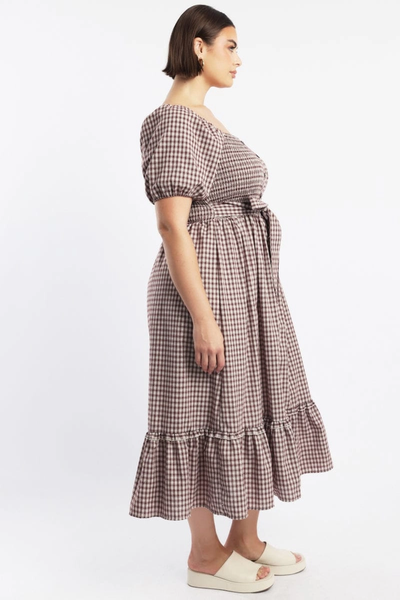Red Check Midi Dress Short Sleeve Check Front Button Placket High low hem Formal Look