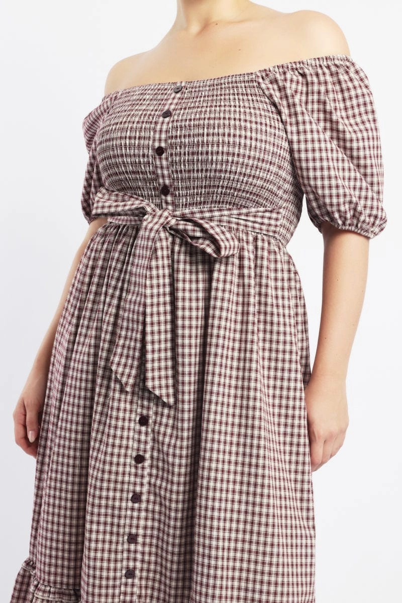 Red Check Midi Dress Short Sleeve Check Front Button Placket High-Fashion