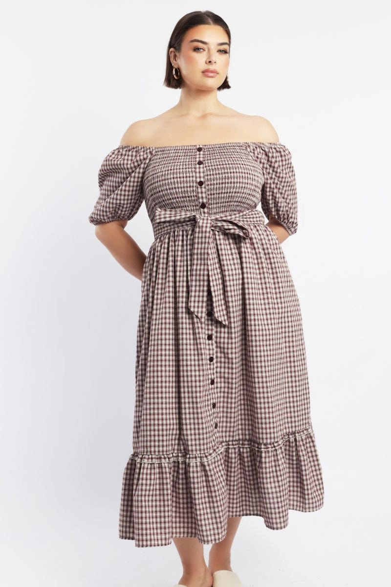 Red Check Midi Dress Short Sleeve Check Front Button Placket Flattering Waist Smooth Design